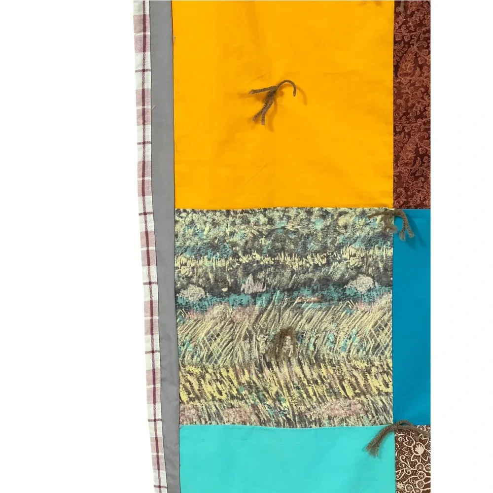 Handmade Boho Patchwork Lap Quilt 32x42 Tied Turquoise Rust Brown